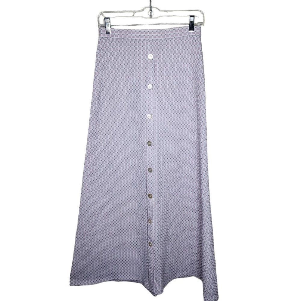 Vintage 70s Double Knit Polyester Maxi Skirt Womens S Purple Gray Button Front
